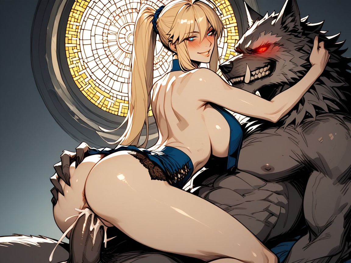 Ponytail, Stained Glass Windows, Naked Upper Body Excluding Long Blue Breast Curtain Hentai AI Porn