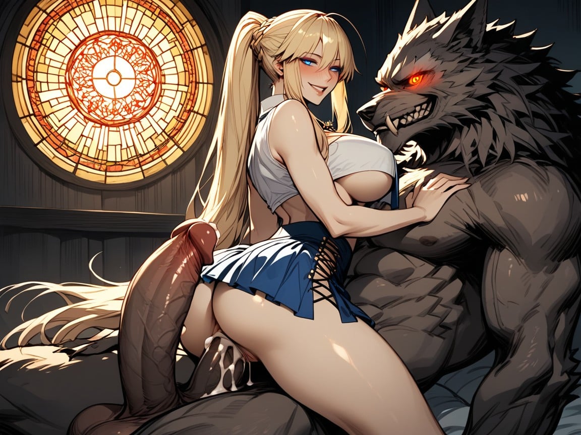 Navel Exposed, Glowing Eyes, Artoria Pendragon From Fate Riding Werewolf Cock In A Cowgirl Sex Position Hentai AI Porn