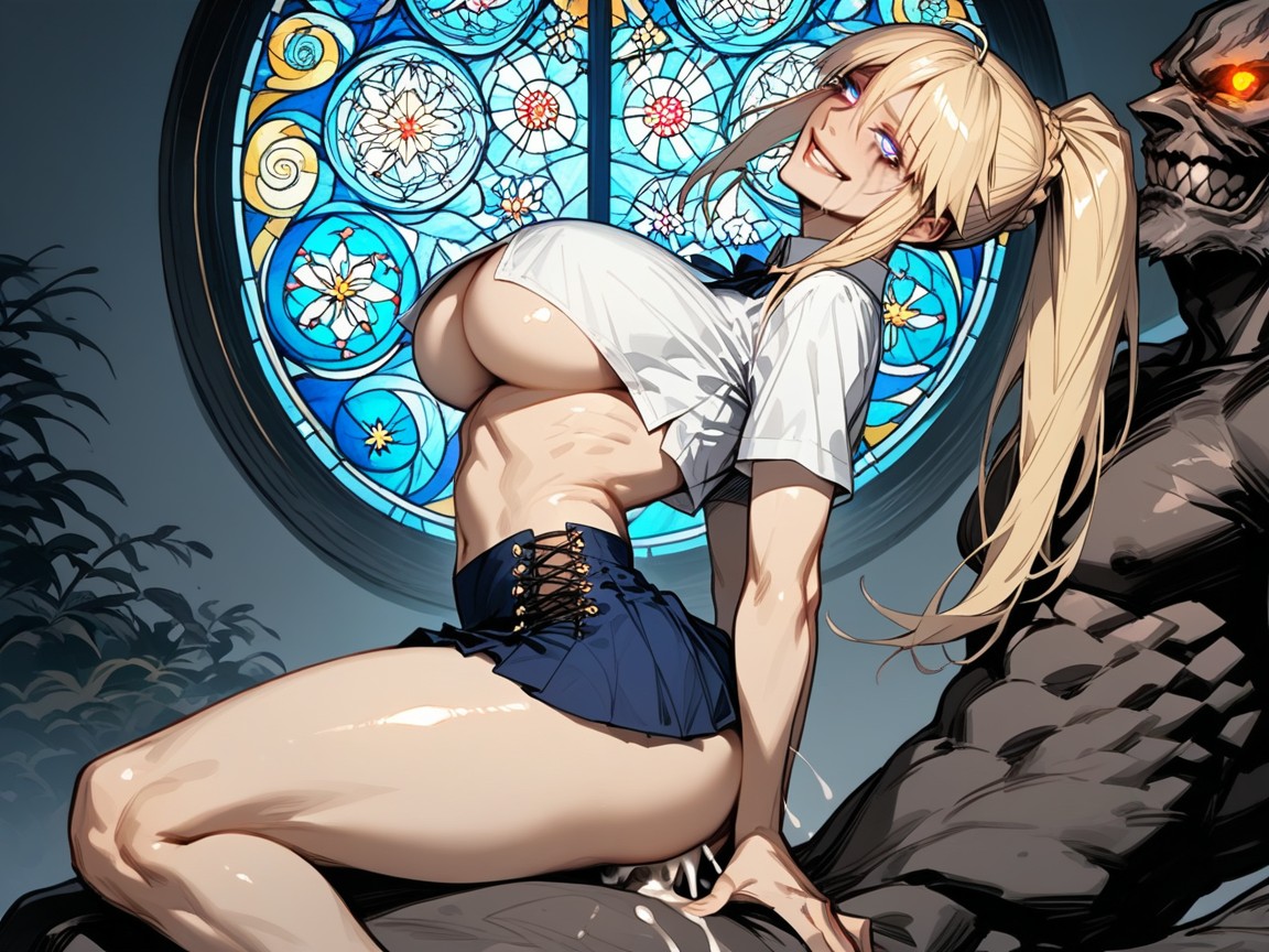 Long Length, Cross-laced Blue Skirt, Ultra Detailed Hentai AI Porn
