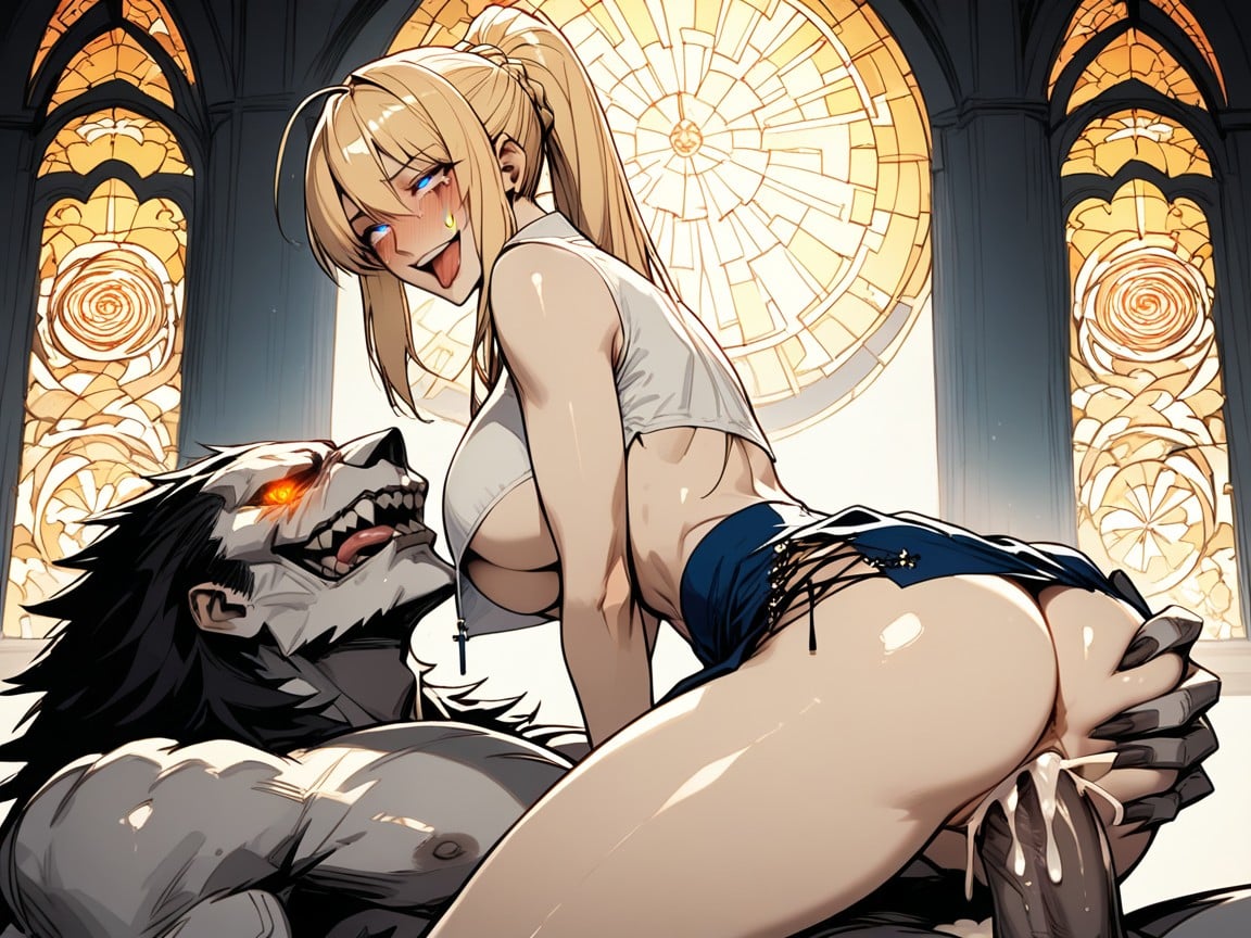 Kneeling, Cum Dripping From Face Onto Breasts, Hands Squeezing Her Ass Hentai AI Porn
