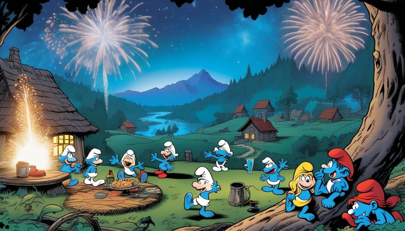 Smurf Village, Fairy Tale About The Smurfs, Fireworks In The Night Sky AI Porn