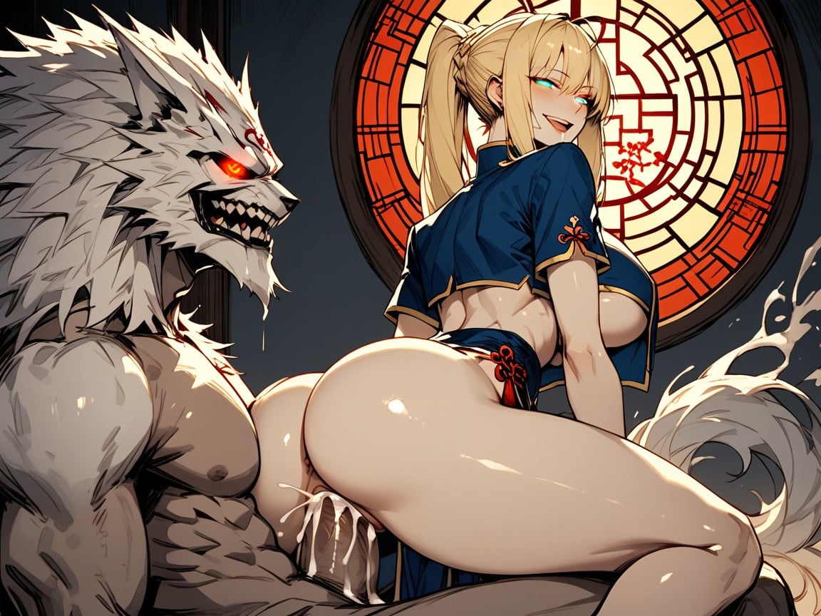 Natural Hips, Artoria Pendragon From Fate Riding Colossal Werewolf Cock In A Cowgirl Sex Position, Cowgirl (3rd Person) Hentai AI Porn