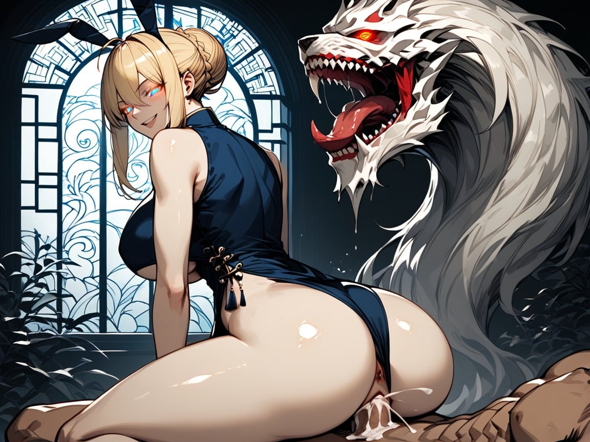 Exposed Abs, Ponytail, Artoria Pendragon From Fate Riding Colossal Werewolf Cock In A Cowgirl Sex Position Hentai AI Porn