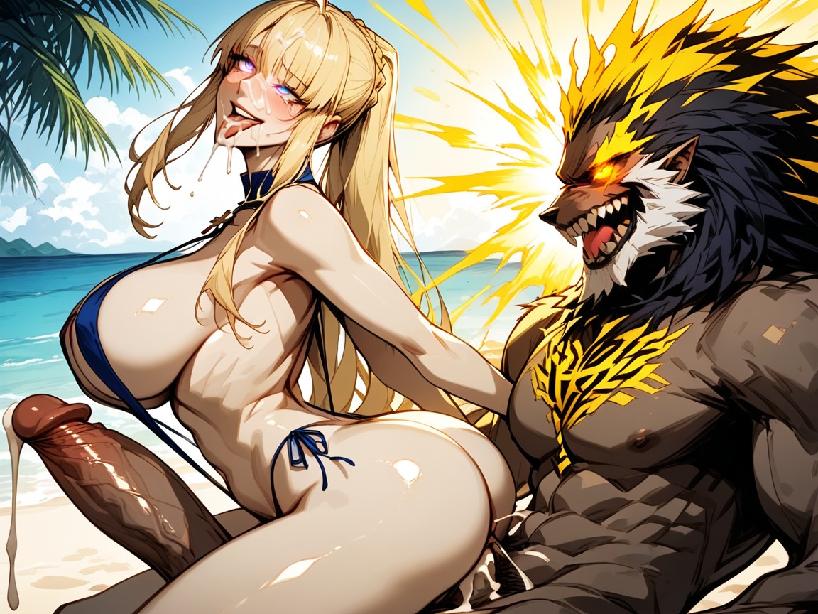 Hyper Girthy Massive Cock Barely Fits Into Tight Pussy, Exposed Abs, Blonde Hair Hentai AI Porn