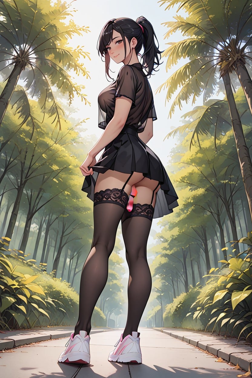 Stockings, Black Hair, Black Skirt Shemale AI Porn