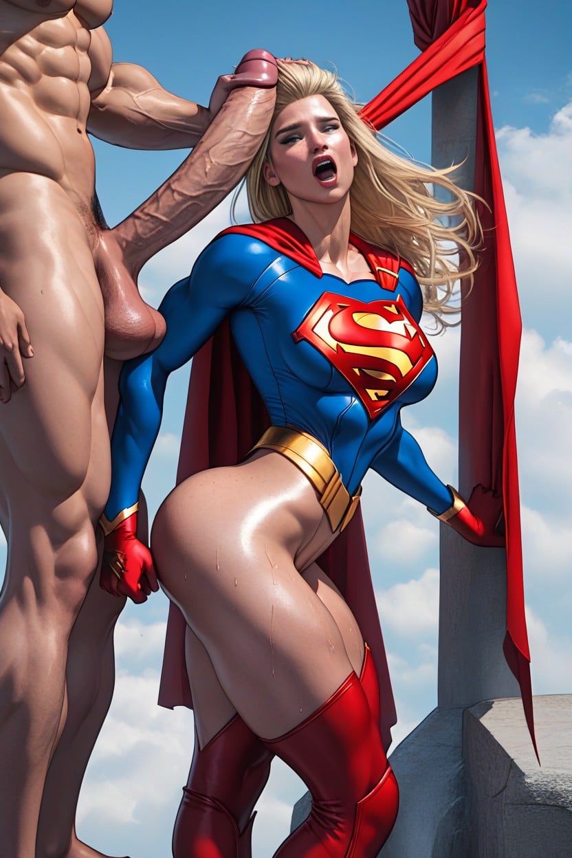 Head Pulling Back, Huge Cock, Supergirl Wearing Her Classic Costume AI Porn