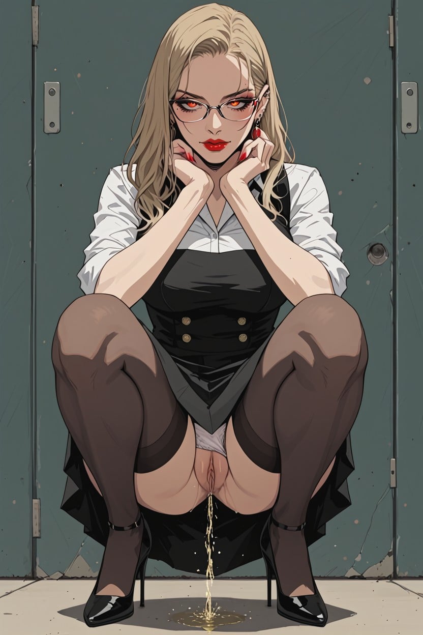 Desperately Peeing, Hyper Pee Stream, Glasses Hentai AI Porn