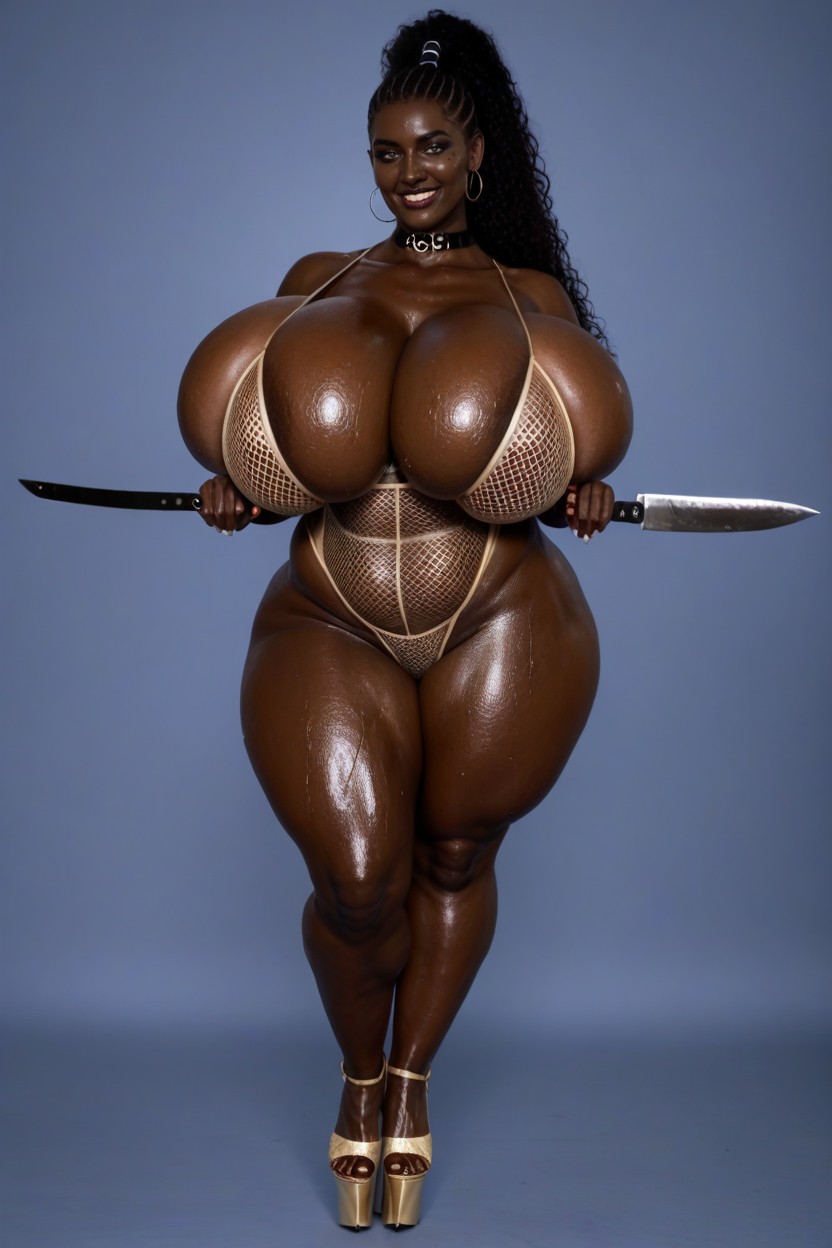 Holding A Machete, Fishnet Bodysuit, Sweating Profusely AI Porn