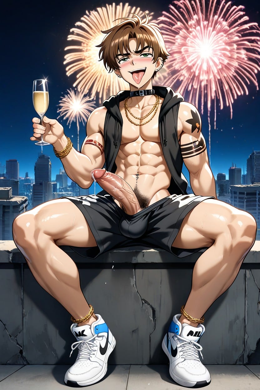 Bottle Of Champagne, Mirando Al Espectador, Sexy Pose Porno gay IA