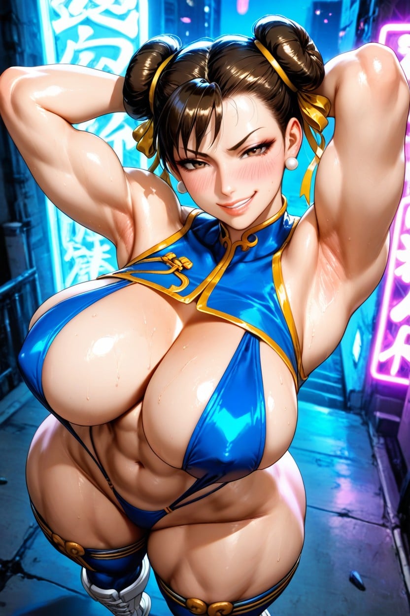 Top Down, Wide Hips, Background A Battle Scene With Neon Lights Hentai AI Porn