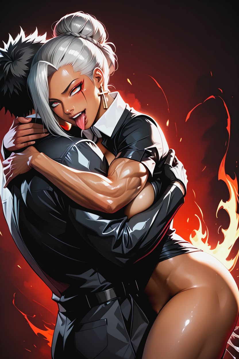 White High-collar Professional Outfit, Cleavage, Losing A Struggle Hentai AI Porn
