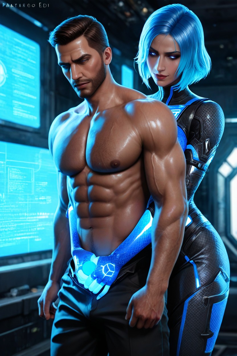 A Female Character Stands Behind A Stands Man, Edi From Mass Effect, Reach Around Handjob Hentai AI Porn