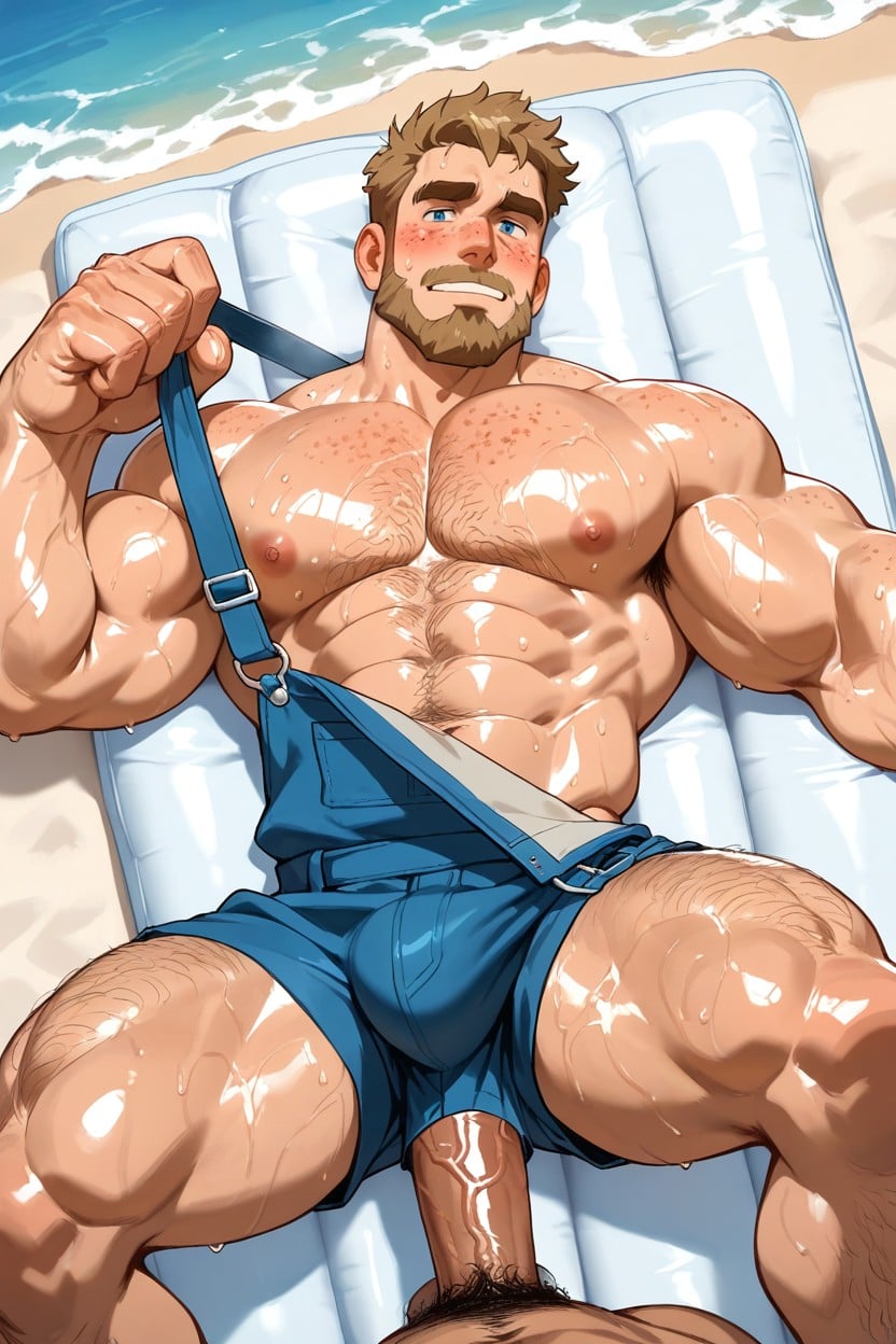 Oiled Skin, Erected Hard Cock, Naked Under Overall AI Gay Porn