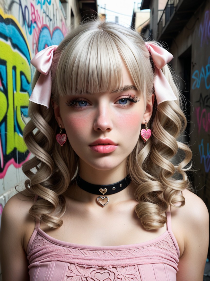 Soft Glossy Lips, Petit Body Type, Pastel Pink Ribbons On Hair AI Porn
