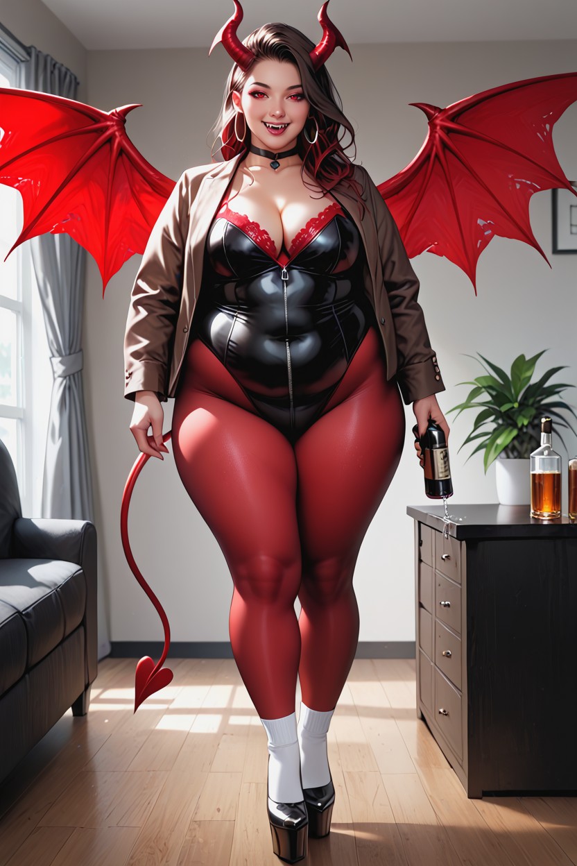 Standing Pouring Whiskey Down Her Body, Red Devil Horns, Platform High Heels BBW AI Porn
