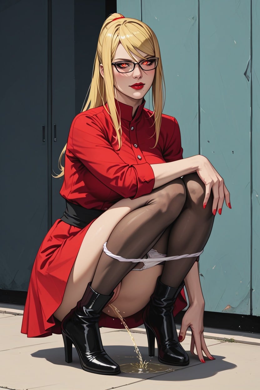 Red Dress, Desperately Peeing, In Hiding Place Hentai AI Porn
