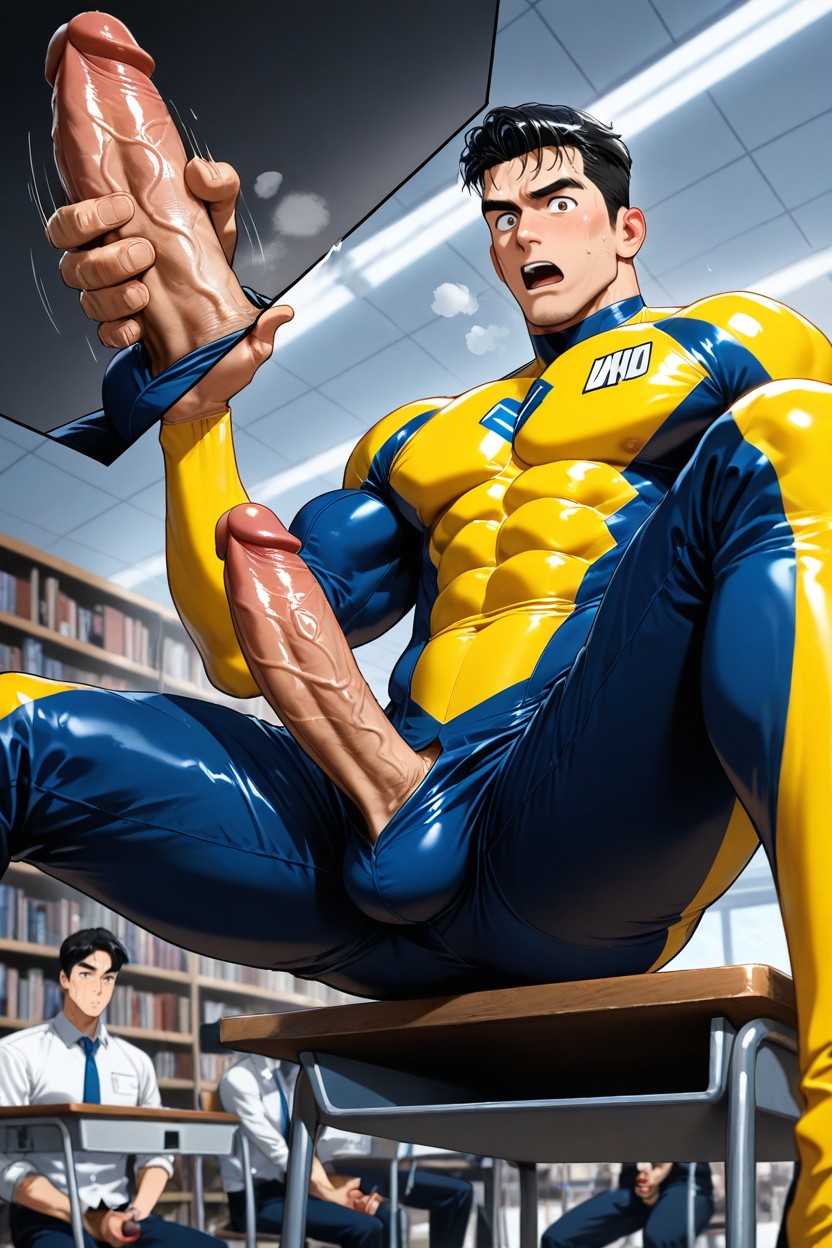 Forward Bending Penis, Sitting, One Eyebrow Raised AI Gay Porn
