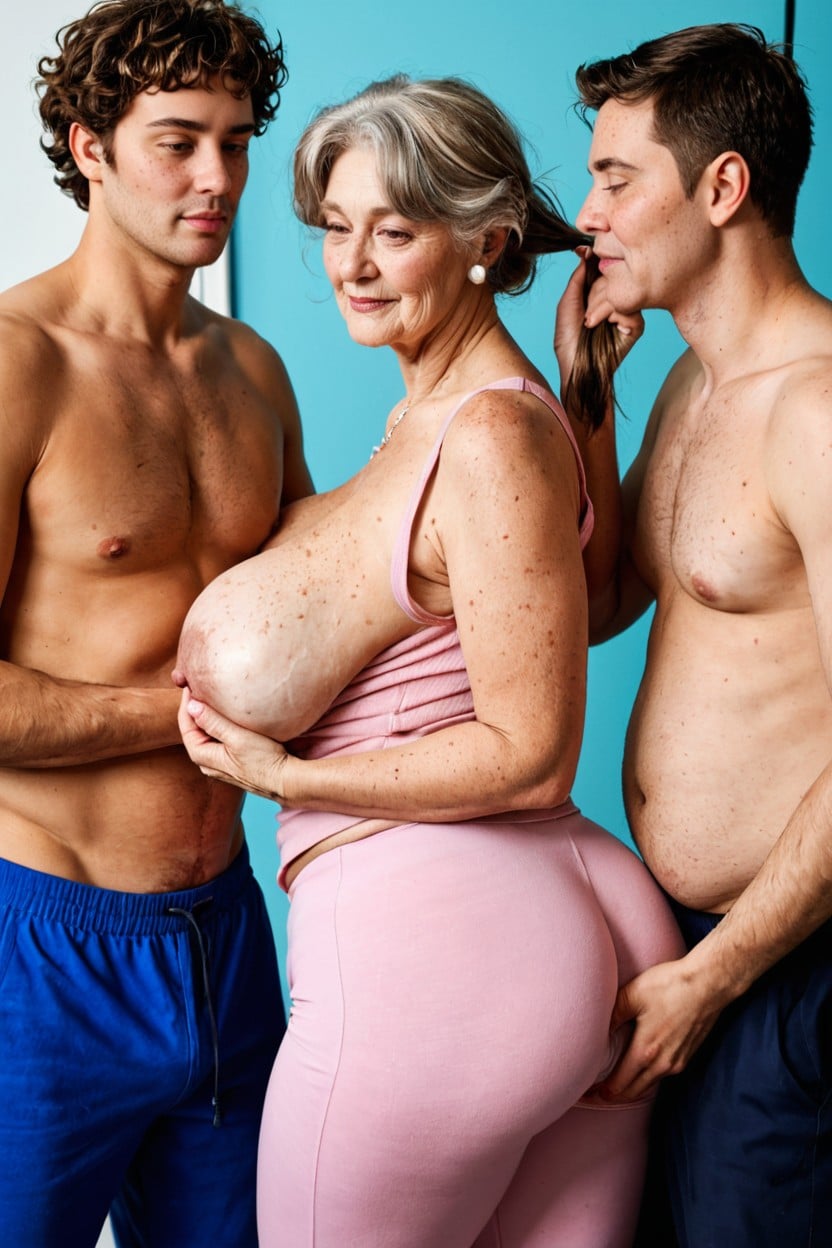 Giant Saggy Breasts, Breasts Exposed, She Is Wearing Pastel Pink Tank Top BBW AI Porn