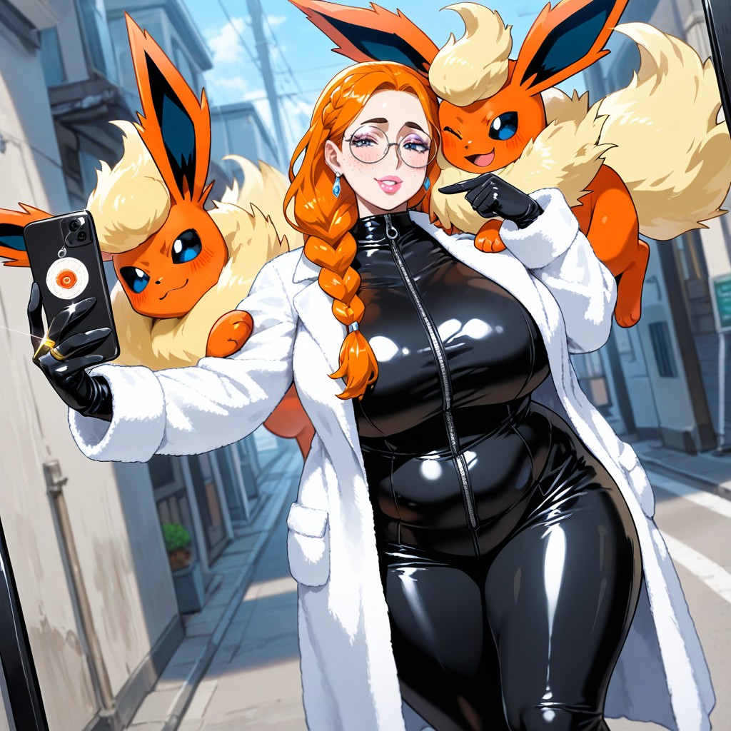 White Fur Coat, Woman Holds Flareon, Fire Pokémon Being Transferred Porno gay IA