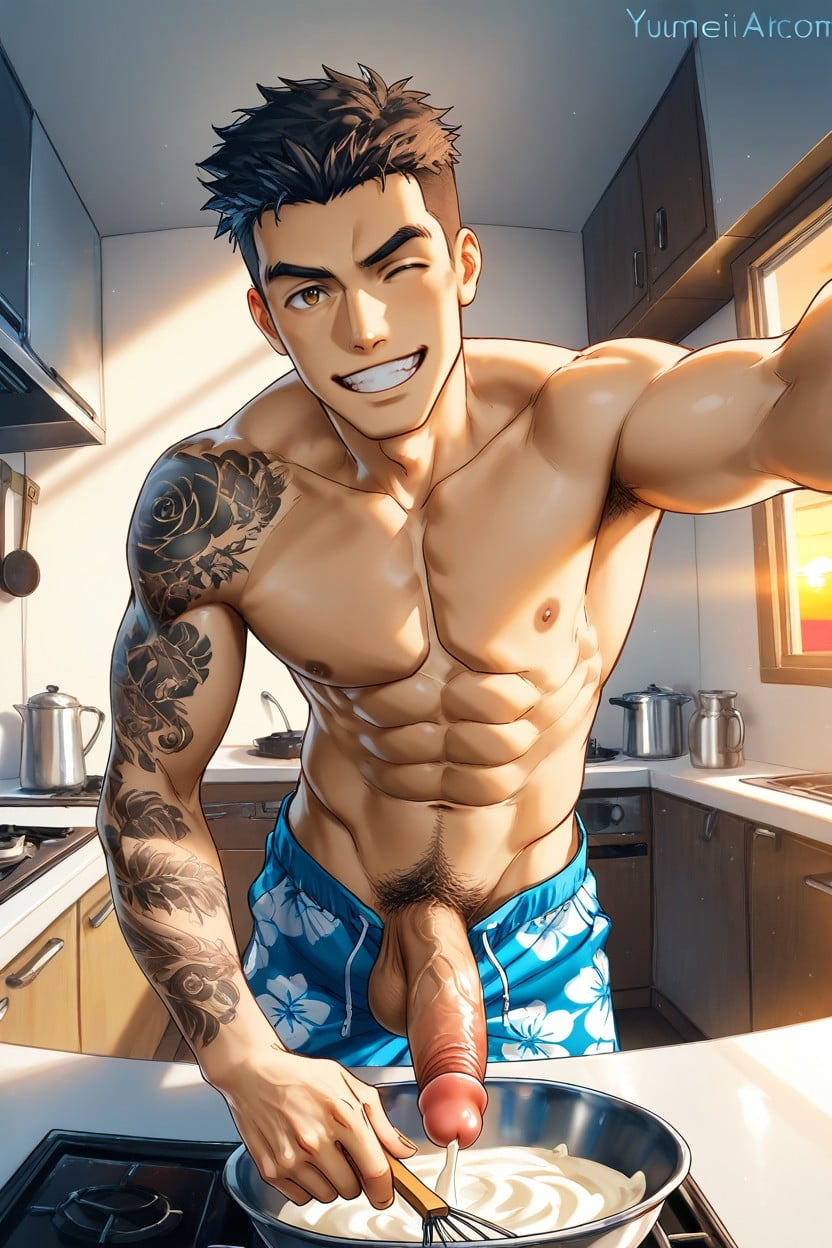 Atardecer, Sin Camisa, Cocina Porno gay IA