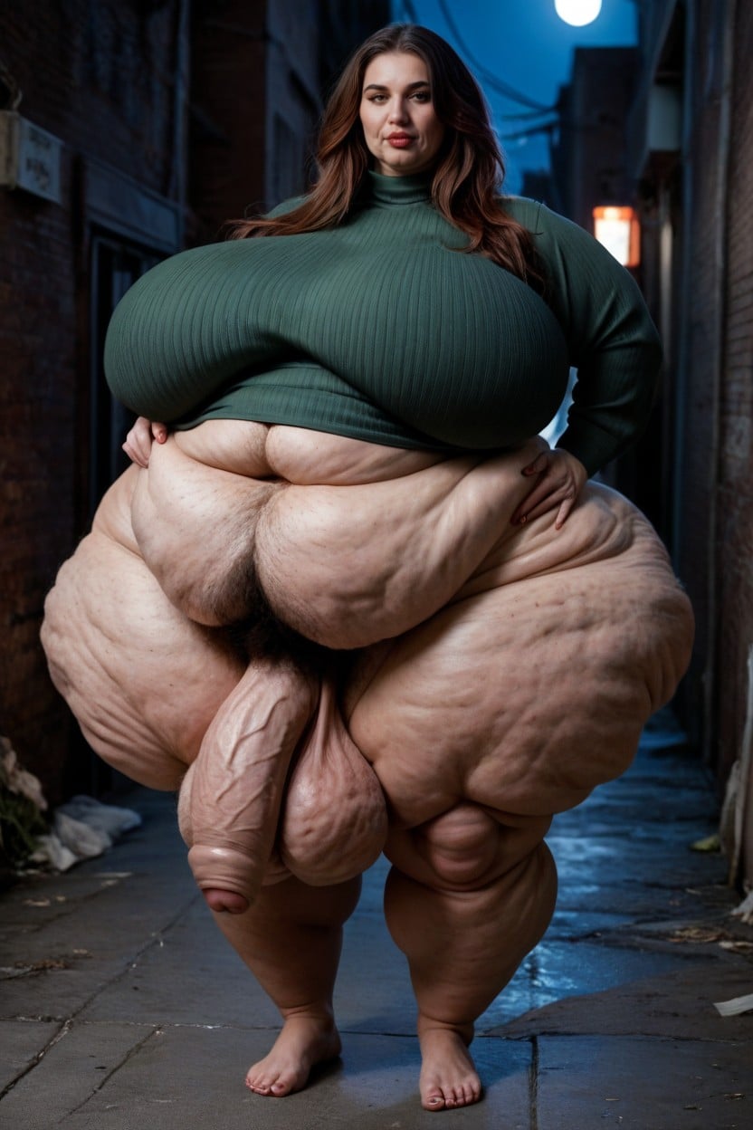 Cellulite Arms, Extremely Wide Hips, Hyper Hairy Chest Hair Extremely Massive Long Bulge Through Clothing AI Porn