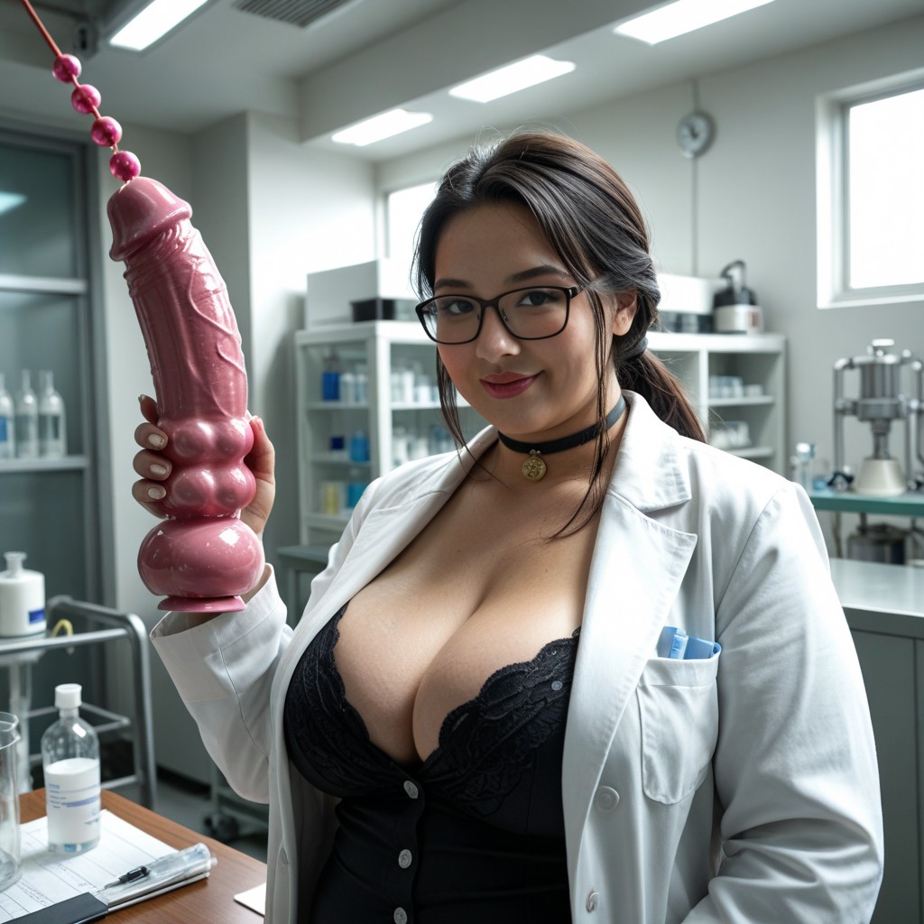 Hyper Colossal Mechanical Dildos On The Desk, Collected Smile, Pudgy BBW AI Porn