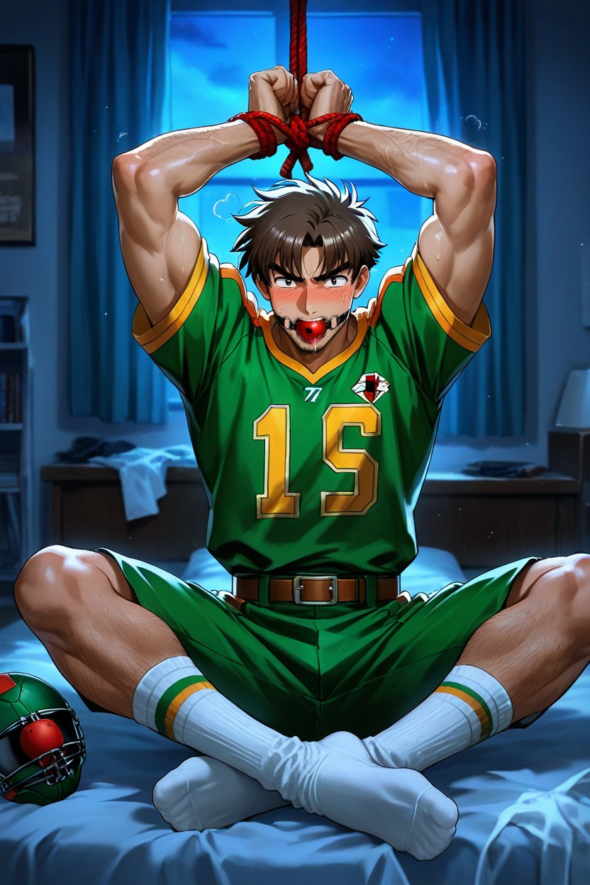 Green Football Uniform, On Bed, Hands Tied Above His Head Porno gay IA