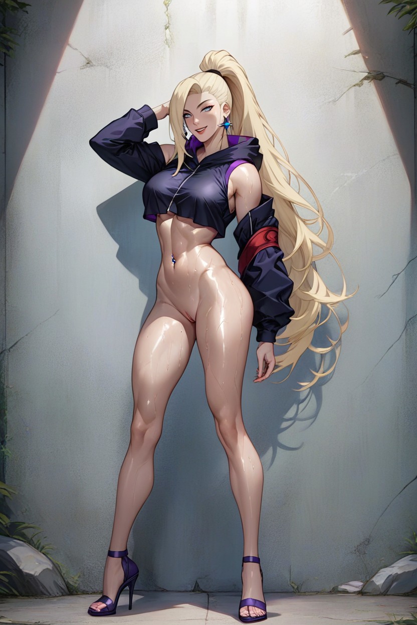 Arms Covered With Detached Long Dark Violet Sleeves, Bright Blue Button Earrings, Laughing Expression Hentai AI Porn
