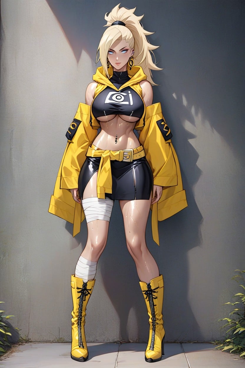 Bandages On Thighs Between Waist And Knees, Arched Back, Standing With Legs Spread Wide Apart Hentai AI Porn