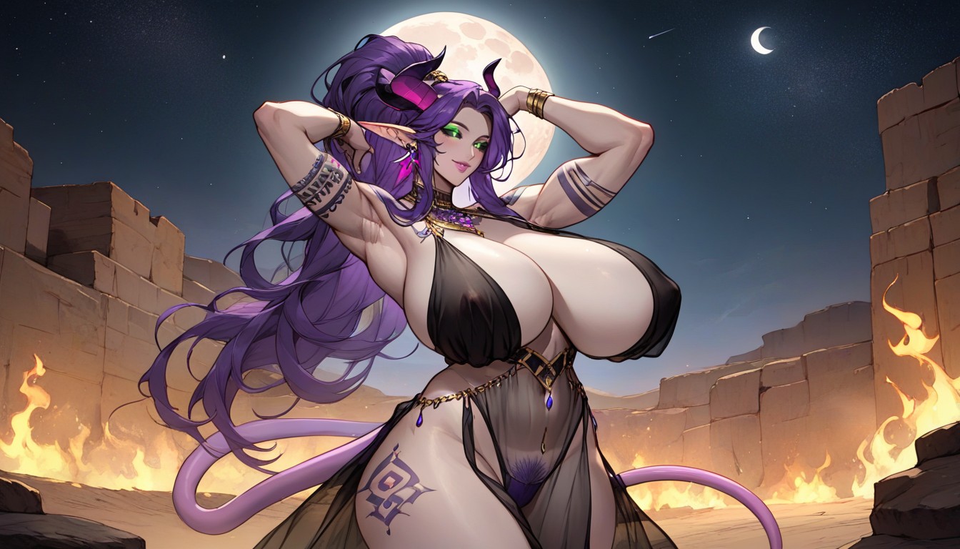 Desert, Artistic Tattoos Of Dragons Covering Both Of Her Biceps, Wide Hips AI Porn