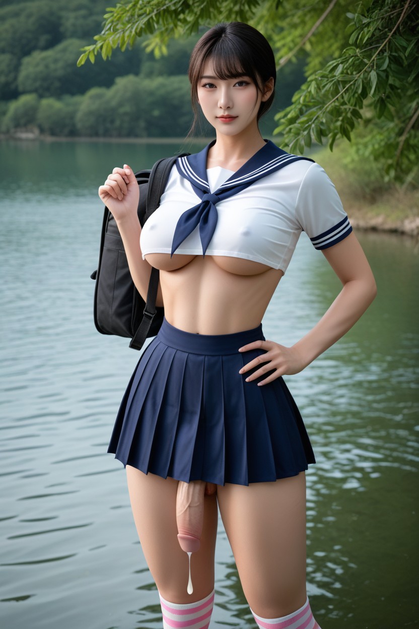 Pink Striped Thigh High Socks, Pale Skin, 무릎 위로 아시아 AI 포르노