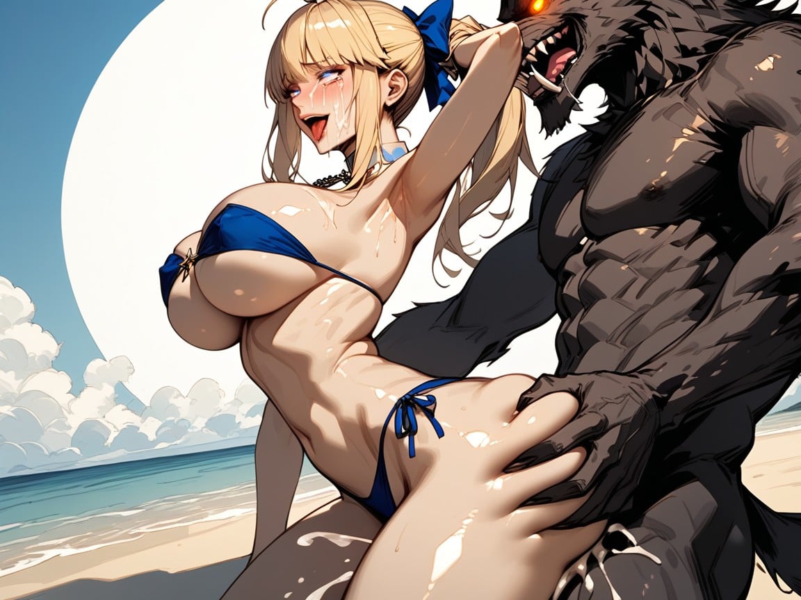 Beach, Expressive Eyes, Werewolf Groping Her Boobs Hentai AI Porn