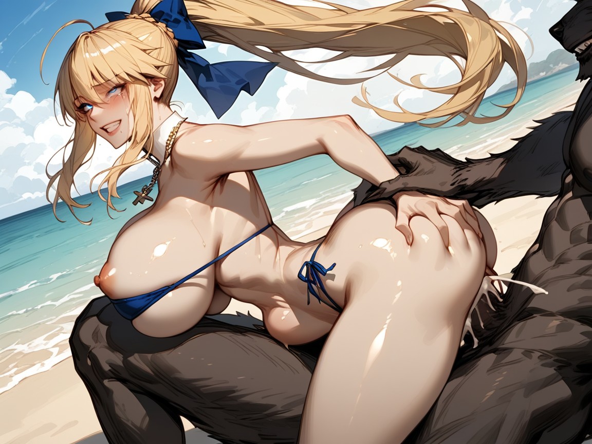 Cum Dripping From Face Onto Breasts, Very Tight Blue Bikini, Expressive Eyes Hentai IA