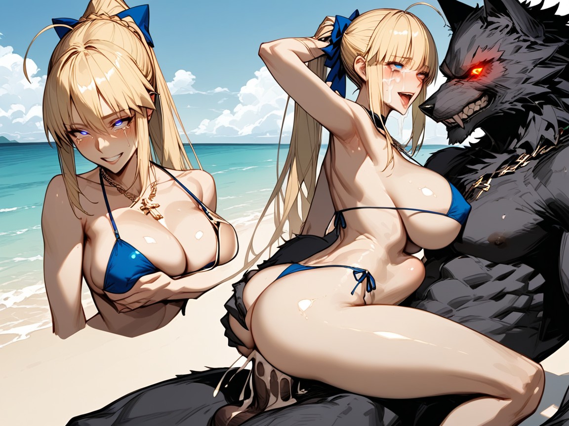 Sandy Beach Shore, Pencil Waist, Arms Up Hentai AI Porn