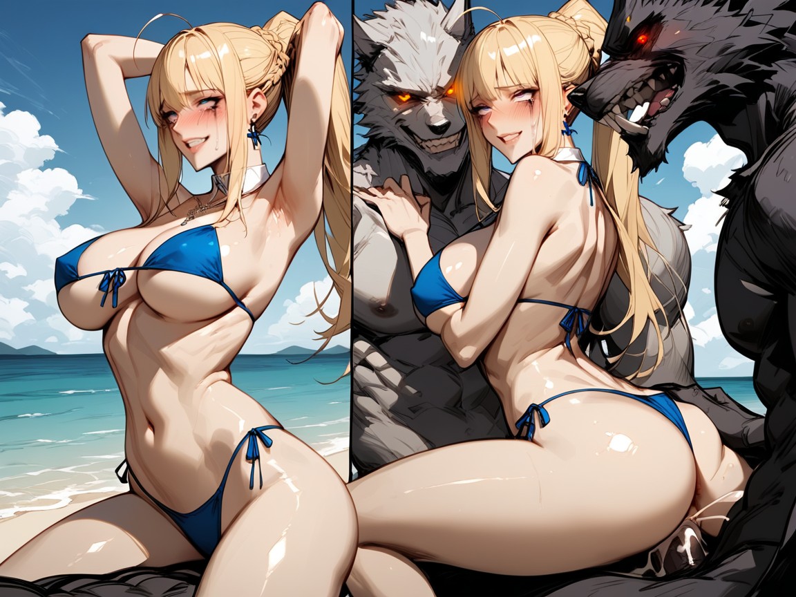 Blue Eyes Blonde Hair, Extremely Snatched Waist, Full Face Blush Hentai AI Porn