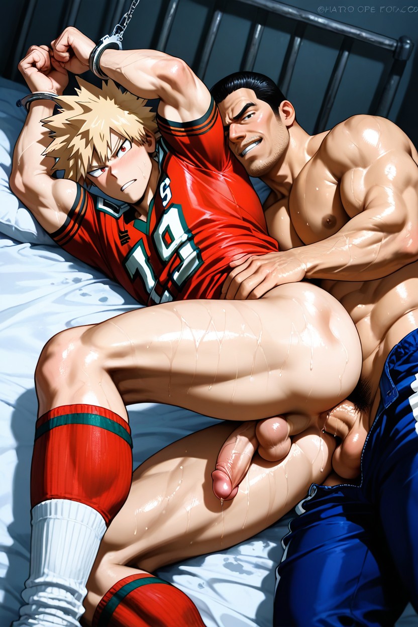 Wide Angle, Mostly Wet Body, Bottom's Flaccid Penis Grabbed By Top's Hand AI Gay Porn