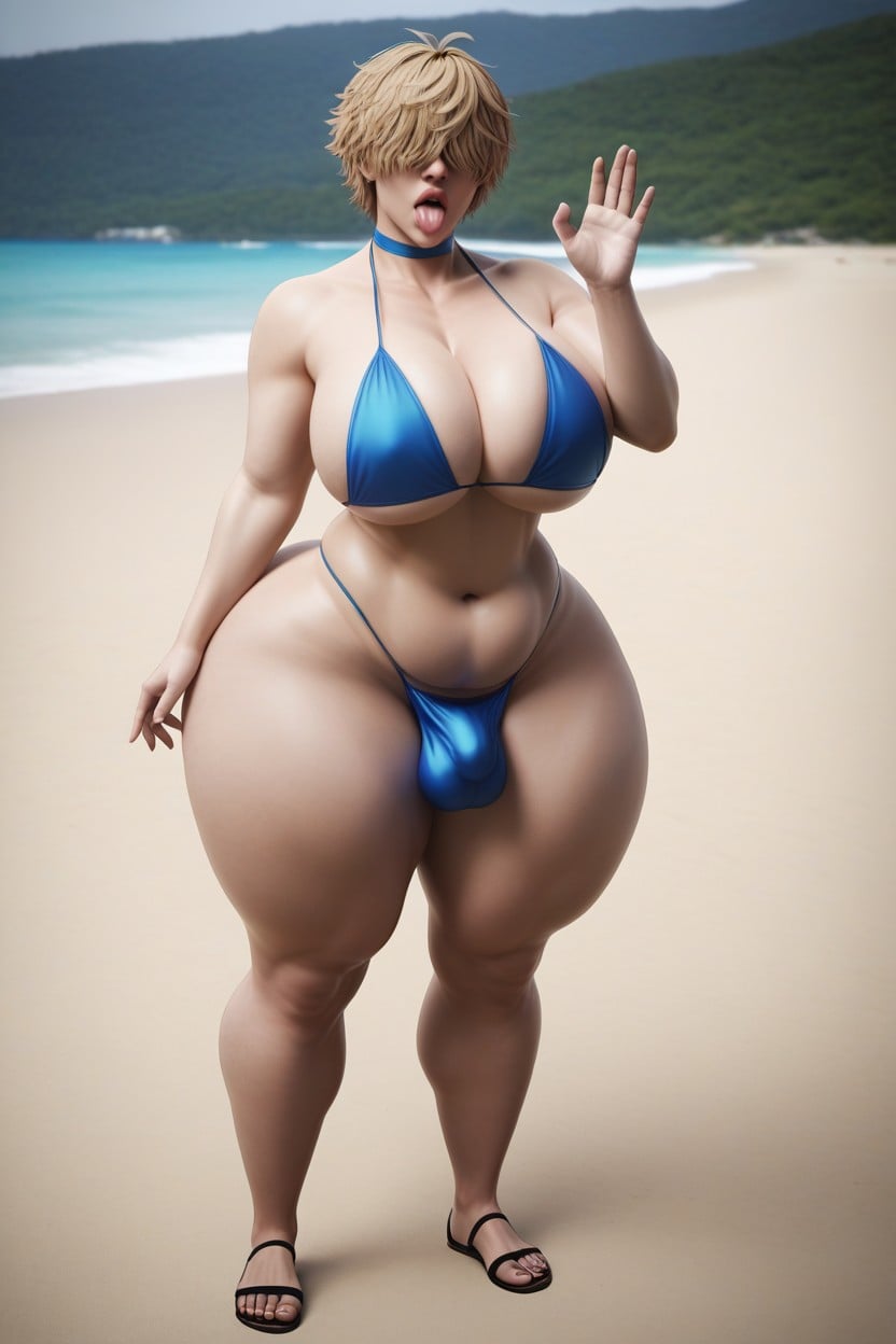 Blue Diminute Bikini, Beach, No Lipstick AI Gay Porn