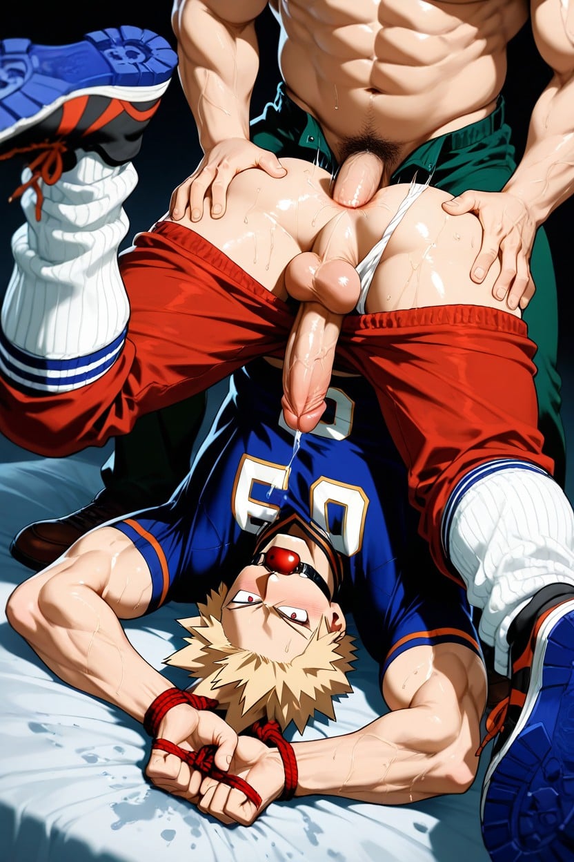 In Ripped Apart Football Shirt, Wide Angle, One Leg Raised Up AI Gay Porn