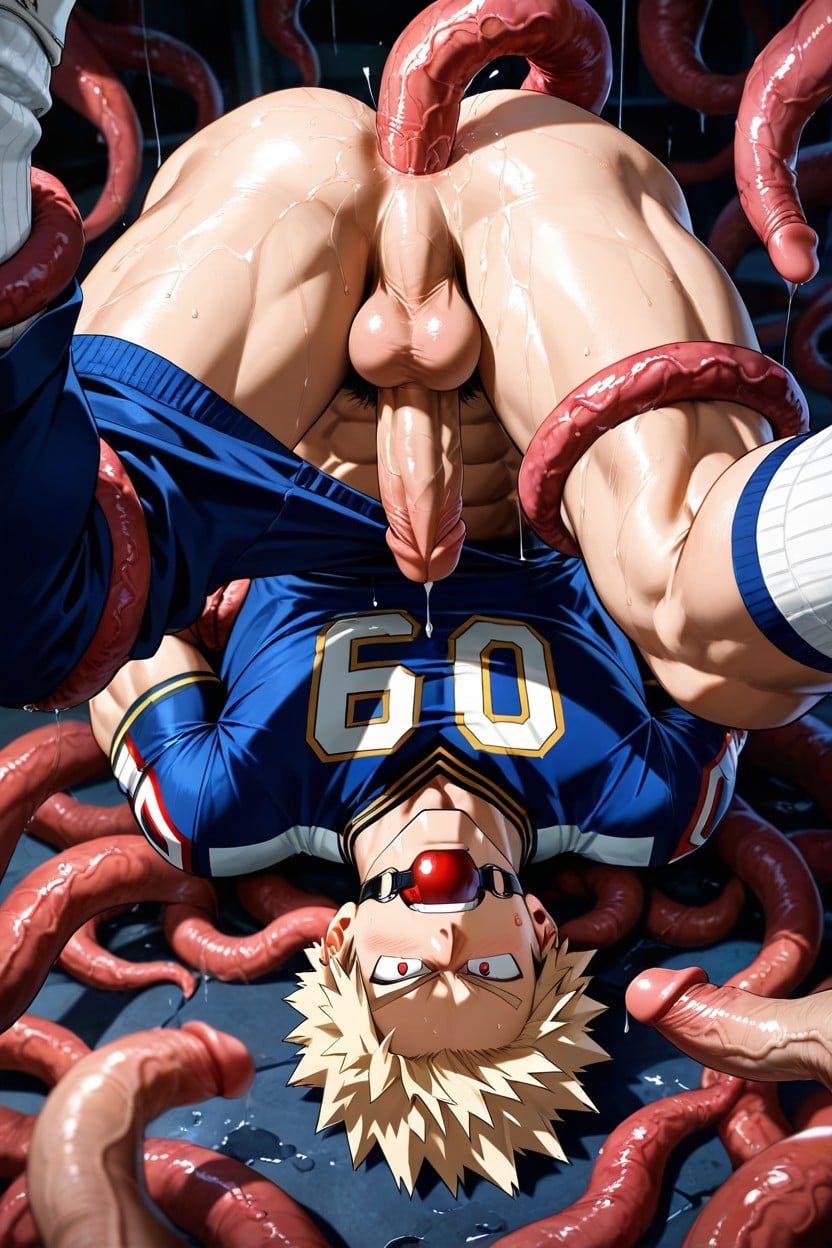Molested By Tentacles, In World Of Tentacles, Suspended In The Air By Red Rope AI Gay Porn