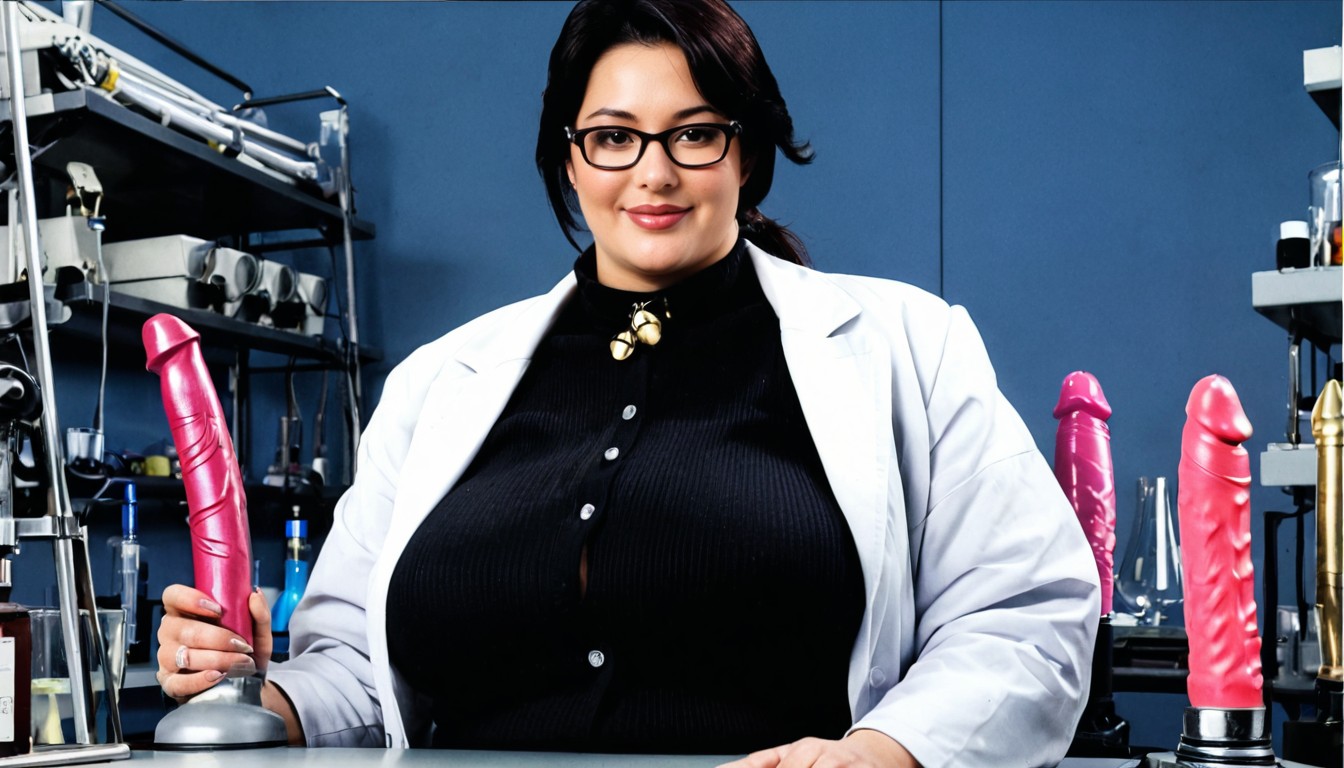 Black Eyes, Female Scientist, Huge Mechanical Device In The Background BBW AI Porn