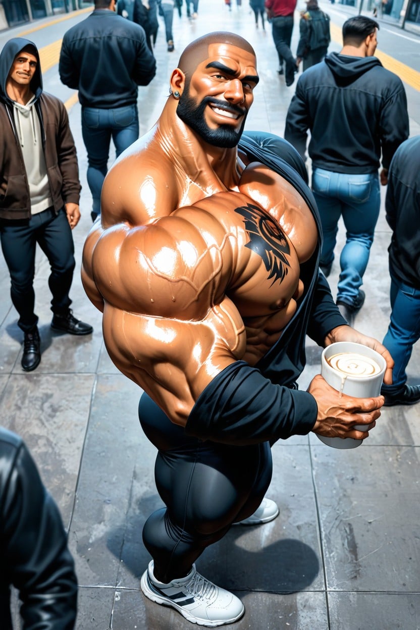 Oversized Muscles, Black Long Sleeves Hoodie, No Hair On Chest AI Gay Porn