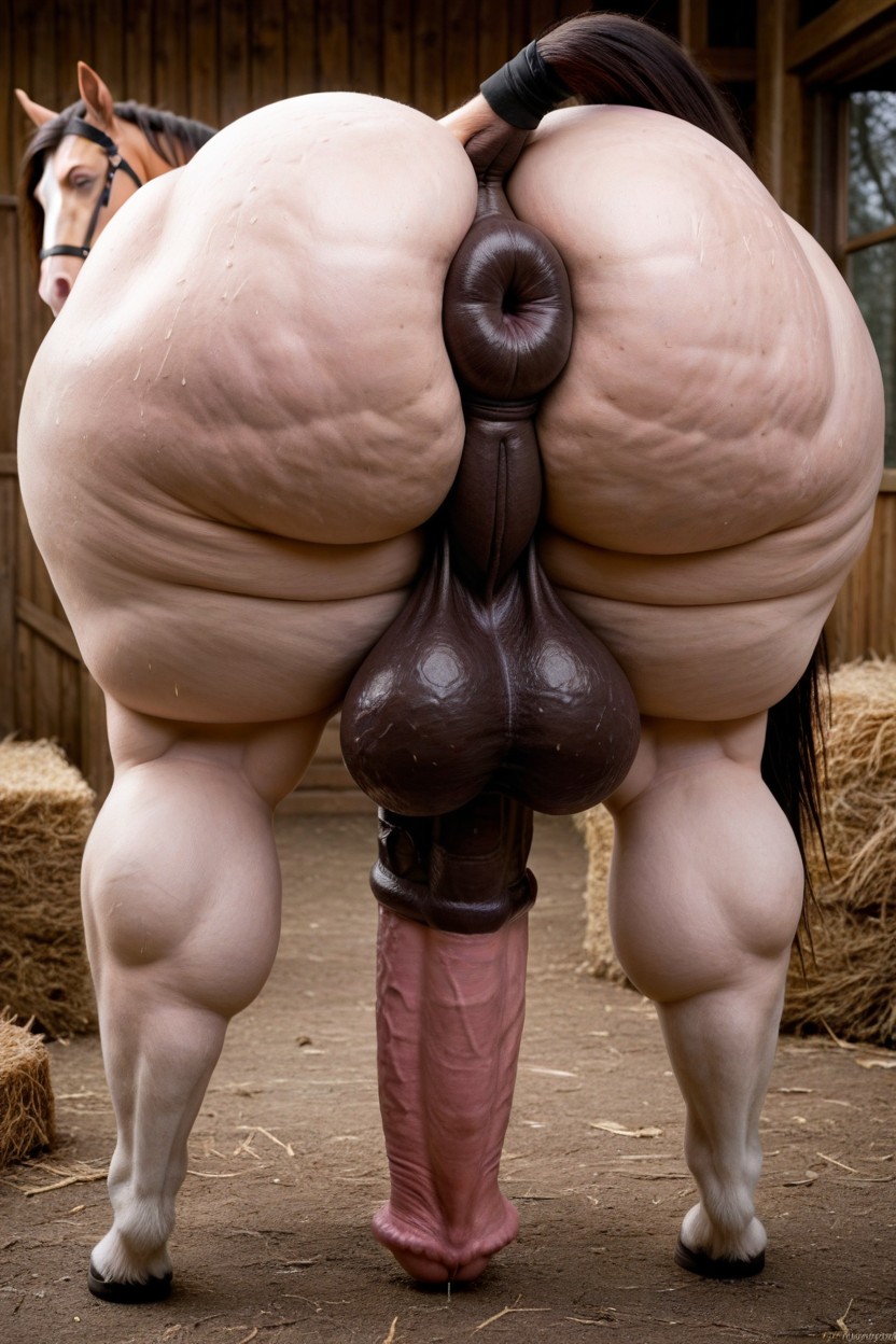 Dark Genitals, Dripping With Sweat, Hyper Giant Flaccid Equinecock Giant Flaccid Thick Ridged Equinecock Shemale AI Porn