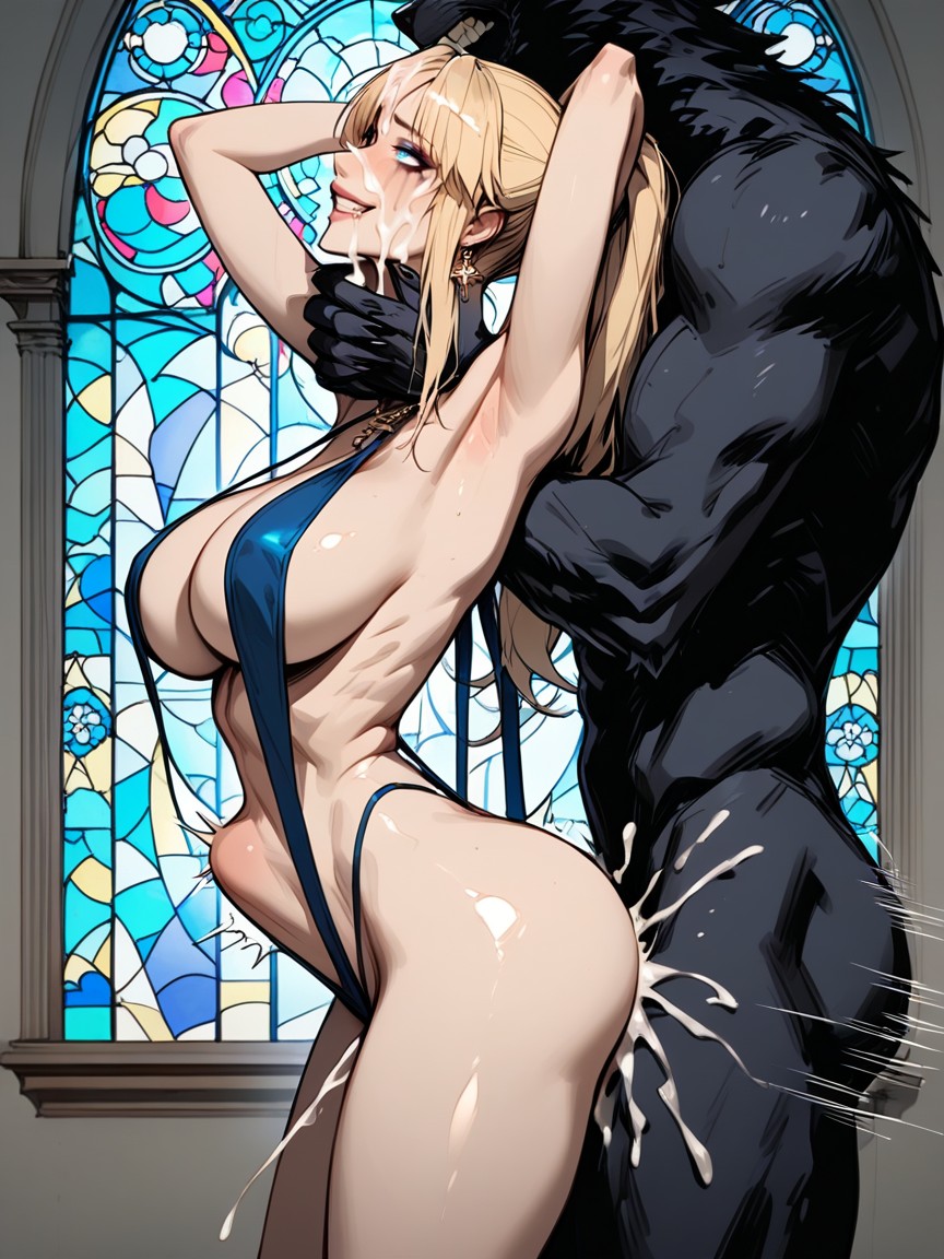 Thick Cumshot Oozing Down Face, Large Cross Necklace, Artoria Pendragon From Fate Fucked From Behind Standing Doggystyle By Giant Werewolf Hentai AI Porn
