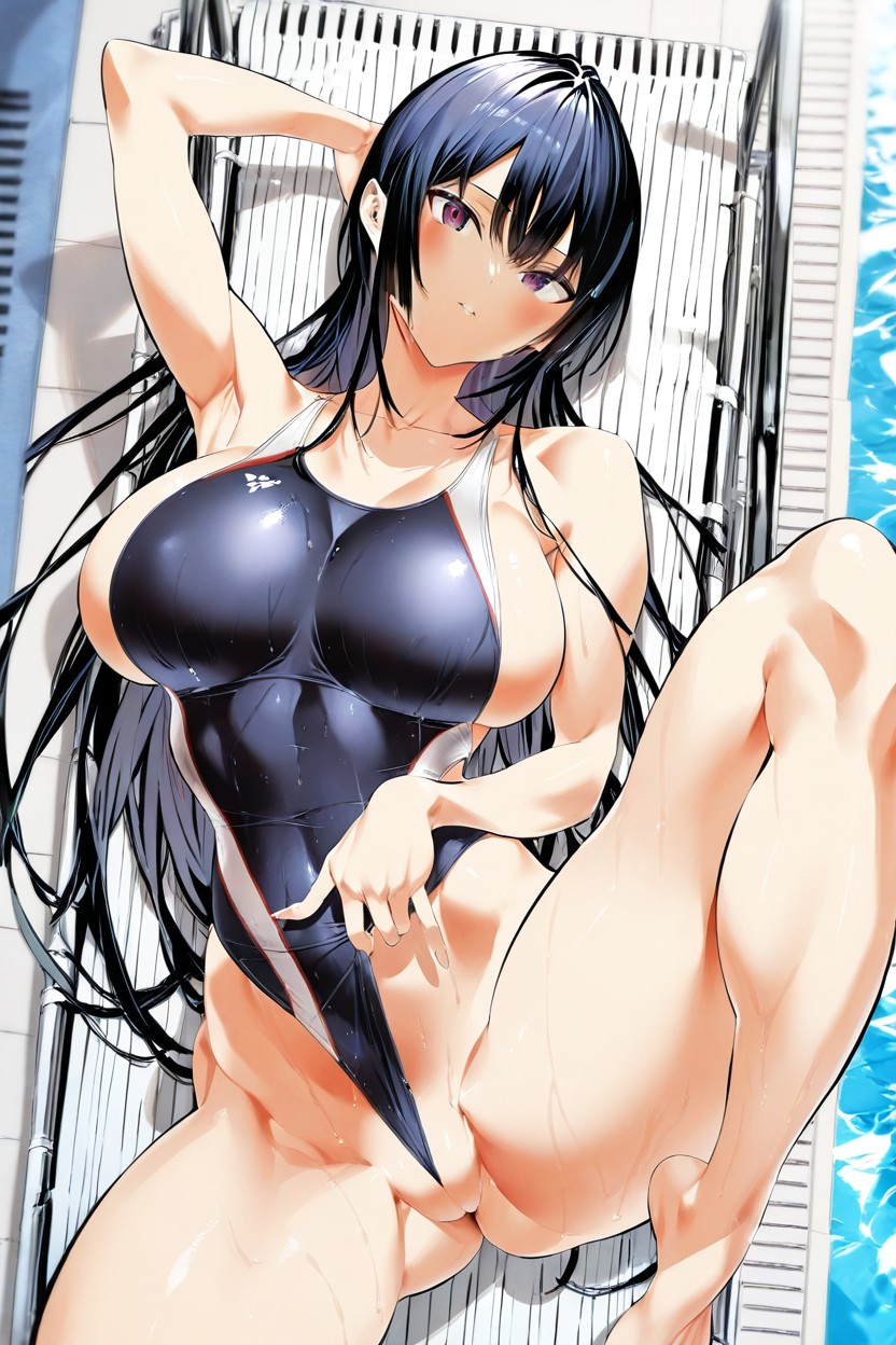 Knee_up, Black_swimsuit, Parted_lips Hentai AI Porn