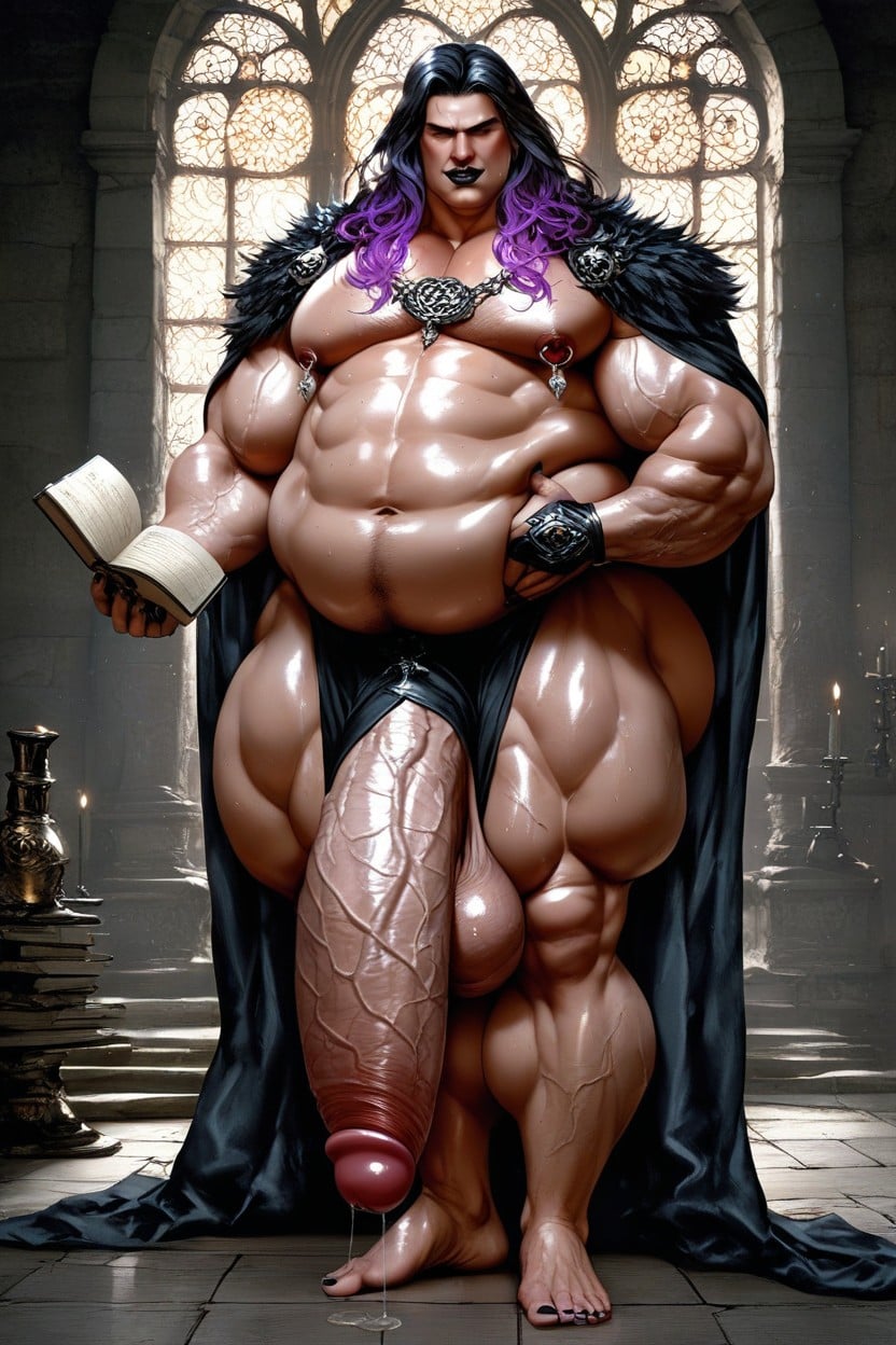 Shiny Skin, Hyper Cock Longer Than Leg, Black Hair With Purple Highlights AI Gay Porn