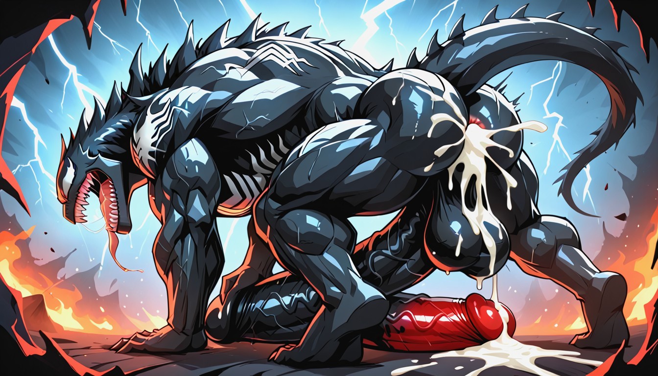 Oversized Muscles, Dragon Cock Is Insane Big Making Venom Stomach Very Bulged And Spit Saliva From Venom Mouth, Full Body AI Gay Porn