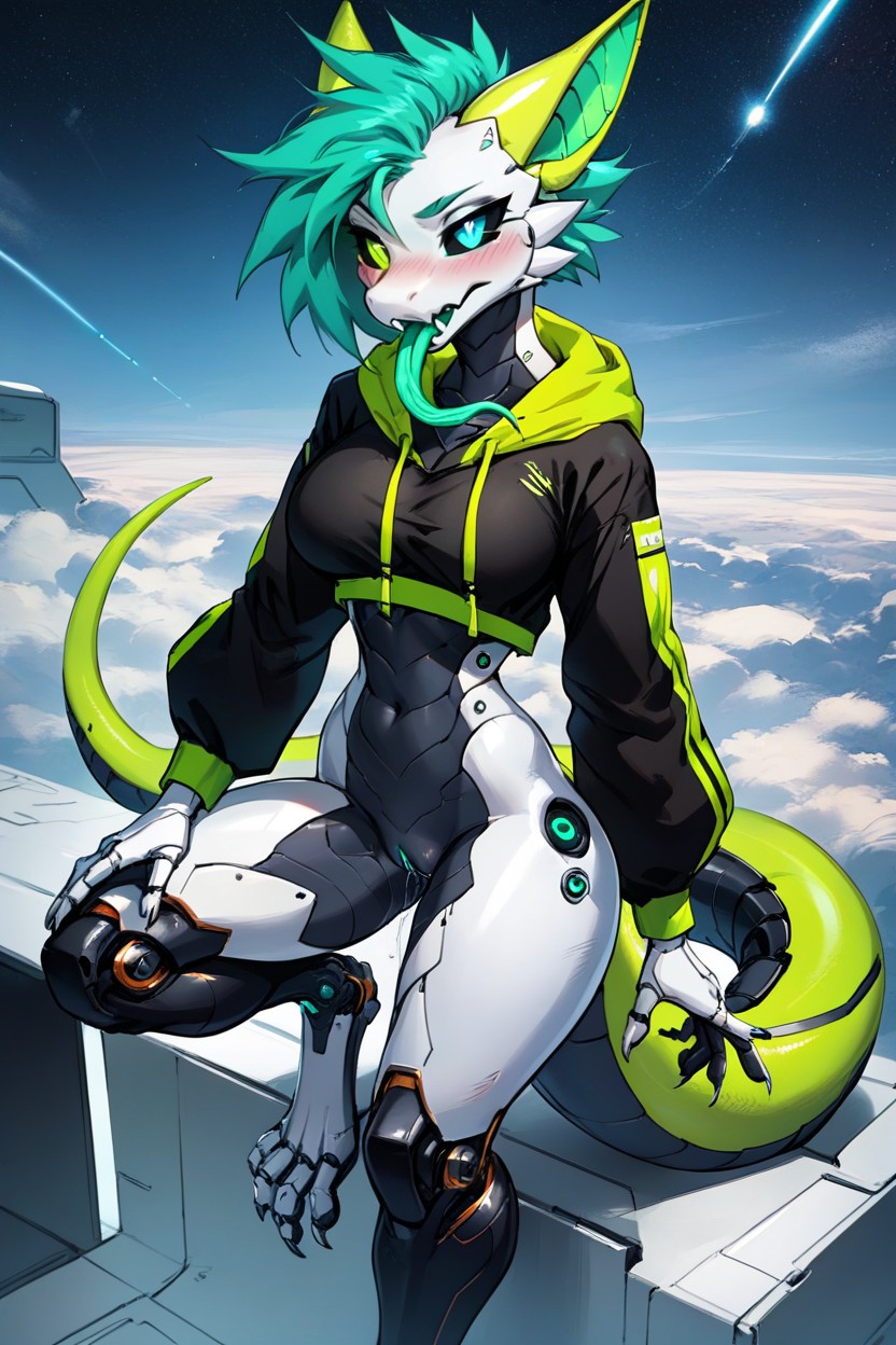 Bionic Neck, Thick Long Bionic Tail, White Body Furry AI Porn