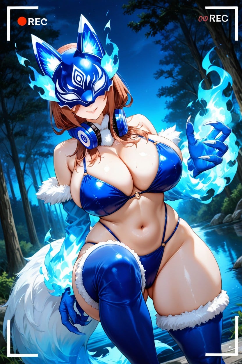 Massive Breast, Massive Breast, Light Blue Fiery Fox Tail Hentai AI Porn