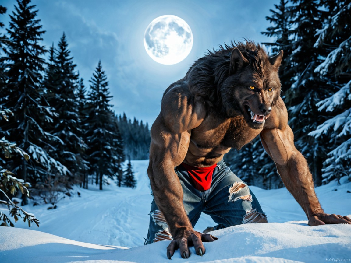 Side View, The Werewolf Monster Is On Its Front Paws And Feet Like A Large, The Werewolf's Body Is Covered In Fine Brown Fur AI Gay Porn