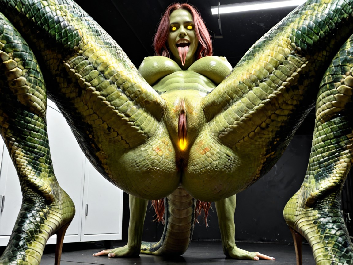 Eight Pack Visible, Entire Body Covered With Green Scales, Gorgon AI Porn